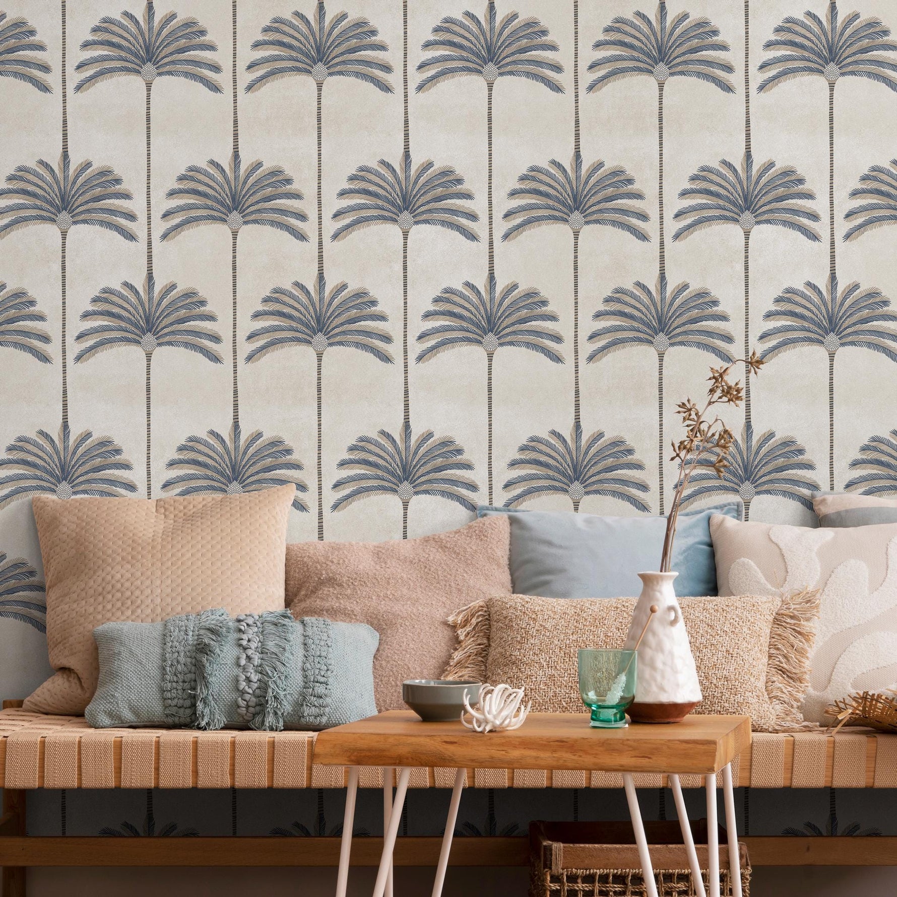Art Deco Wallpaper with Stylized Palm Trees in Blue and Beige - E141 C