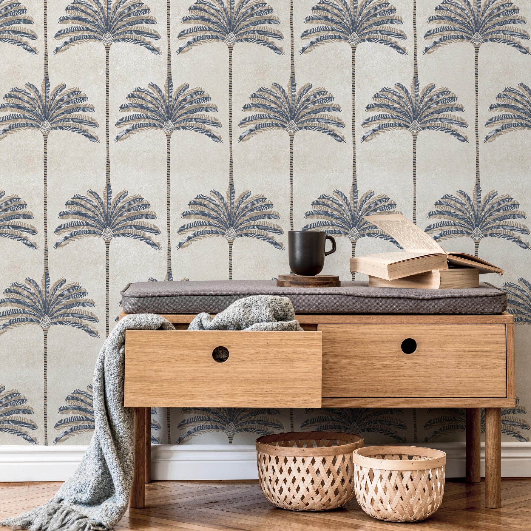 Art Deco Wallpaper with Stylized Palm Trees in Blue and Beige - E141 C