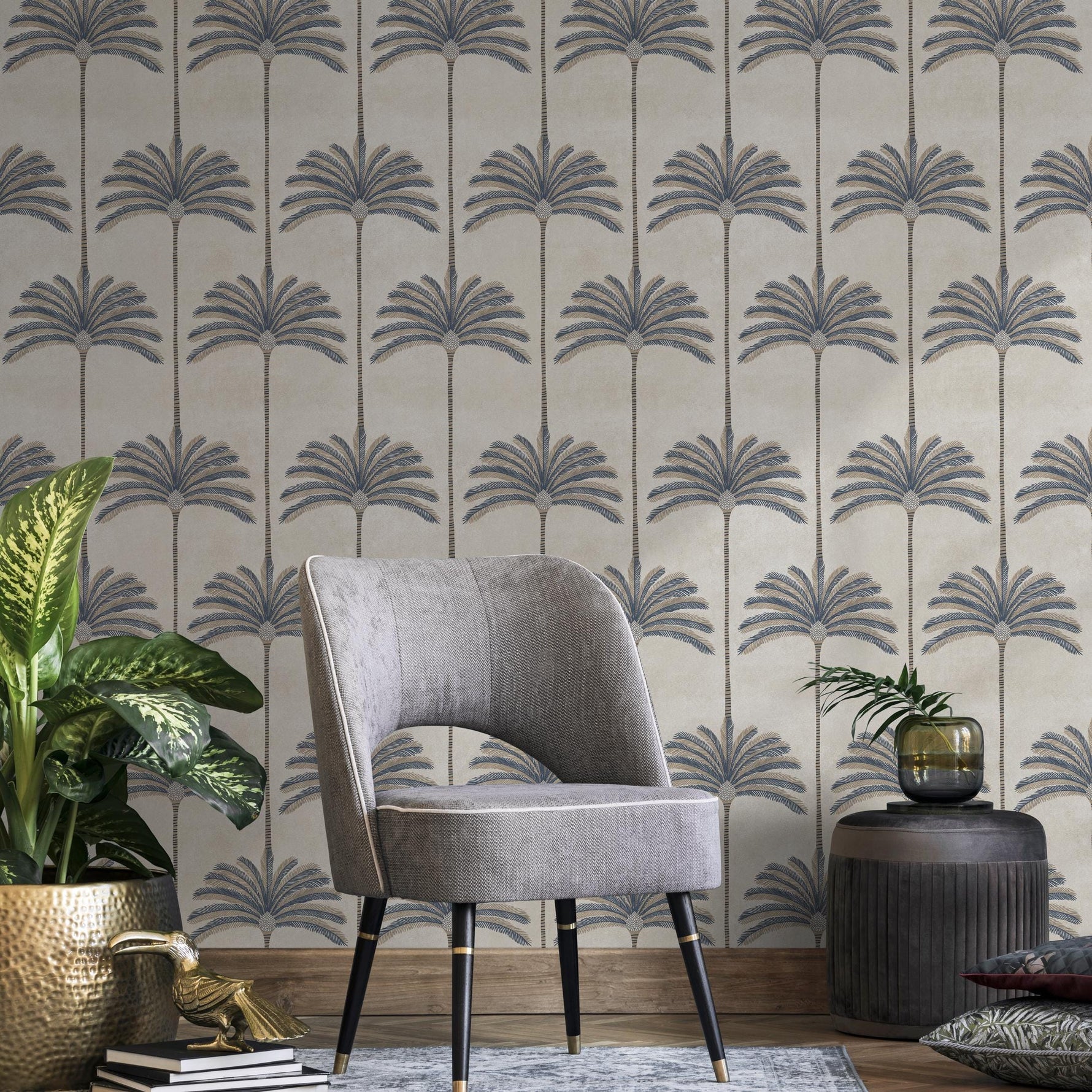 Art Deco Wallpaper with Stylized Palm Trees in Blue and Beige - E141 C