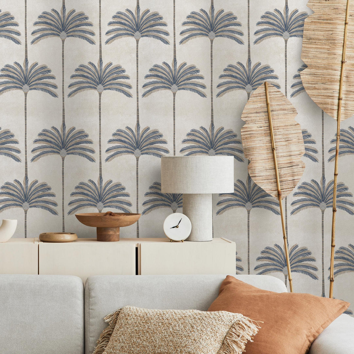 Art Deco Wallpaper with Stylized Palm Trees in Blue and Beige - E141 C