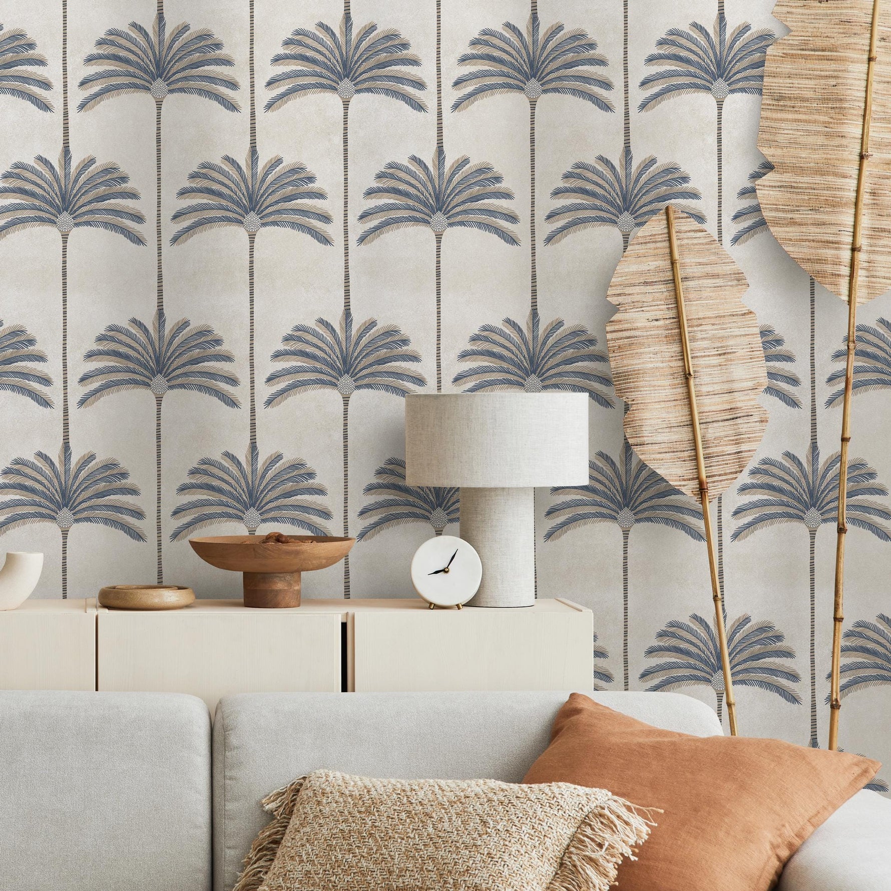Art Deco Wallpaper with Stylized Palm Trees in Blue and Beige - E141 C