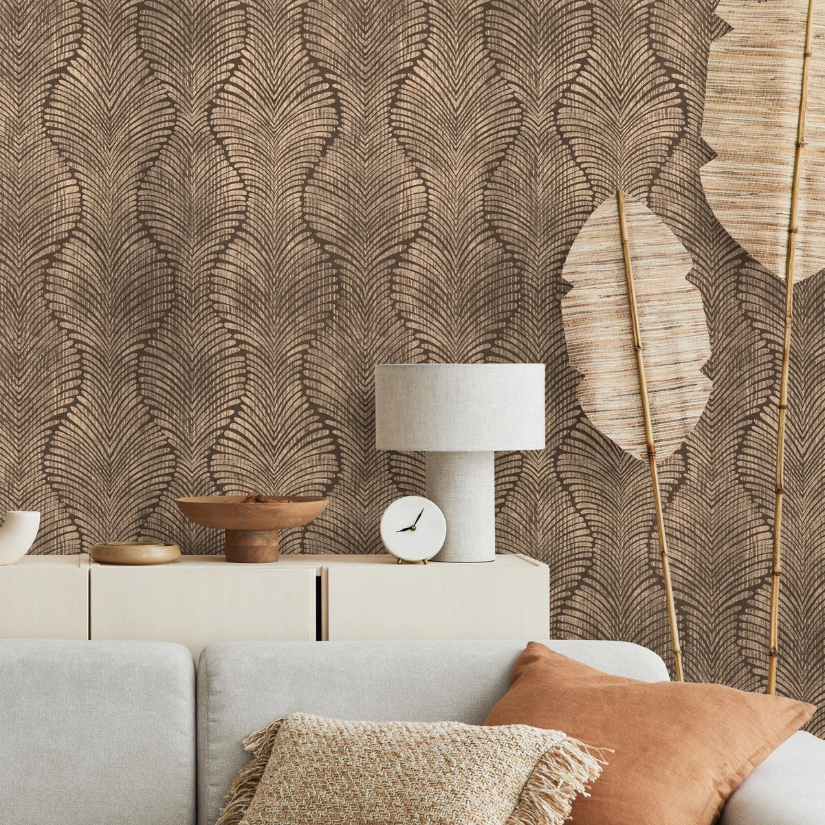 Art Deco Wallpaper with Wavy Palm Leaves in Brown and Beige - E132 A