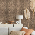 Art Deco Wallpaper with Wavy Palm Leaves in Brown and Beige - E132 A