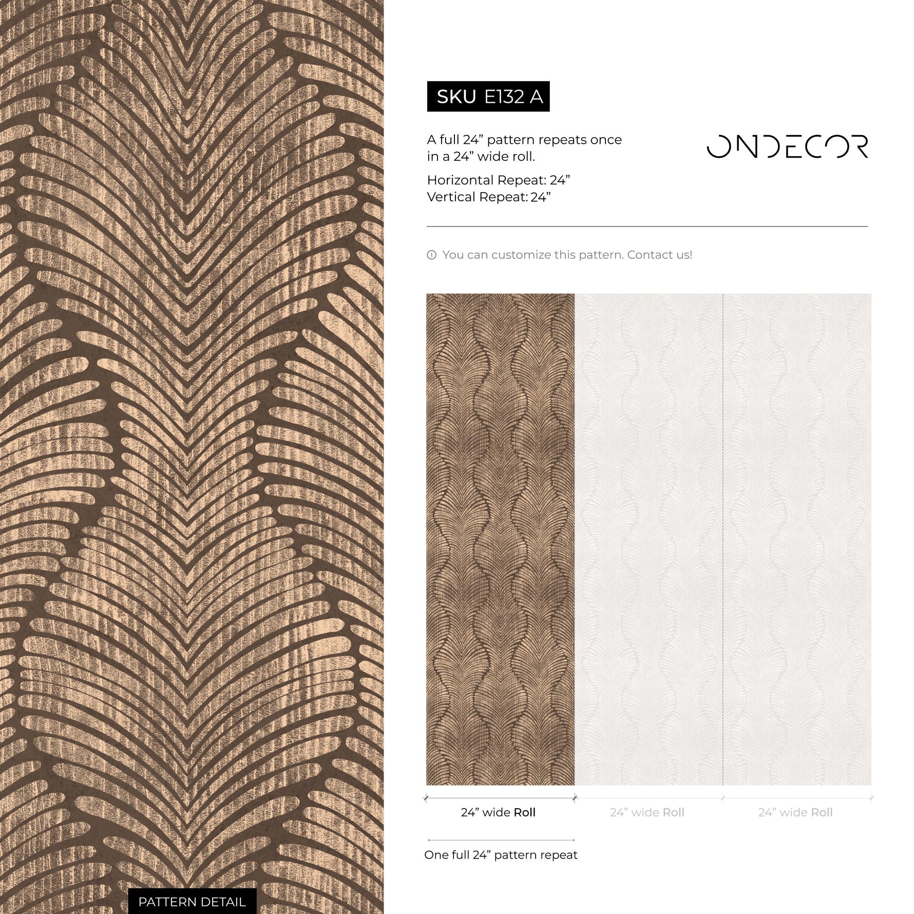 Art Deco Wallpaper with Wavy Palm Leaves in Brown and Beige - E132 A