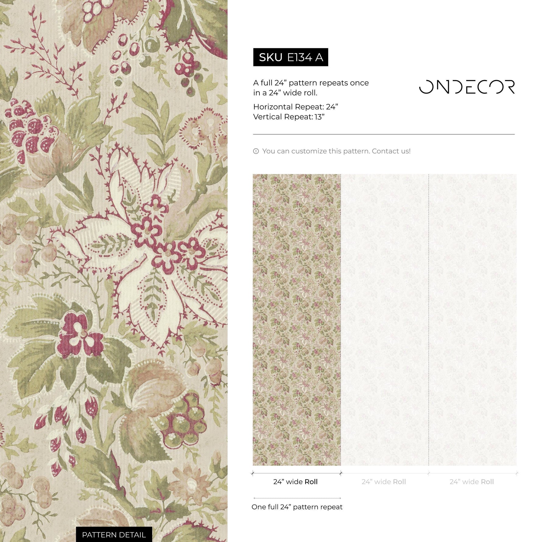 Floral Wallpaper Featuring a Vintage Botanical Print in Green, Pink, and Beige - E134 A
