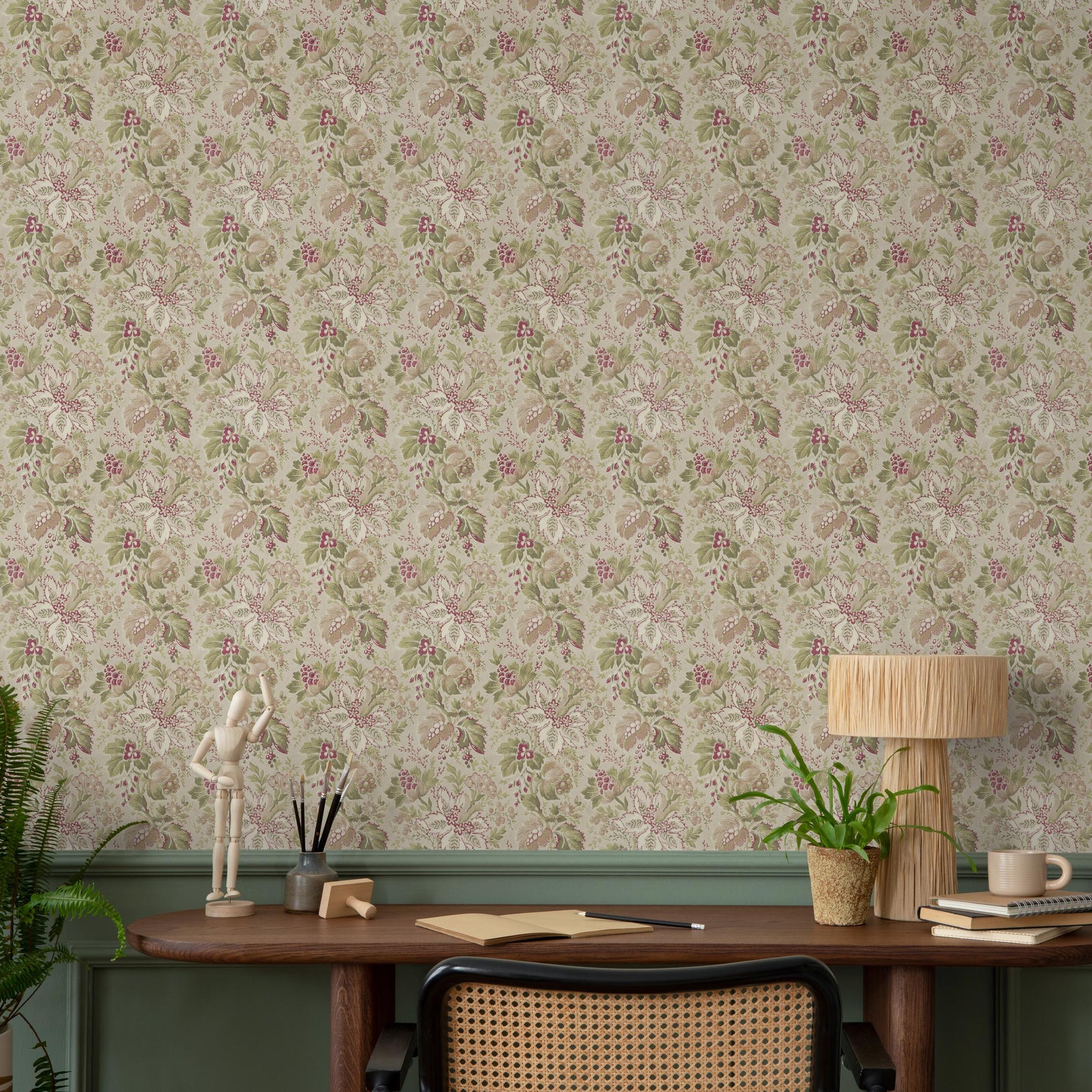 Floral Wallpaper Featuring a Vintage Botanical Print in Green, Pink, and Beige - E134 A