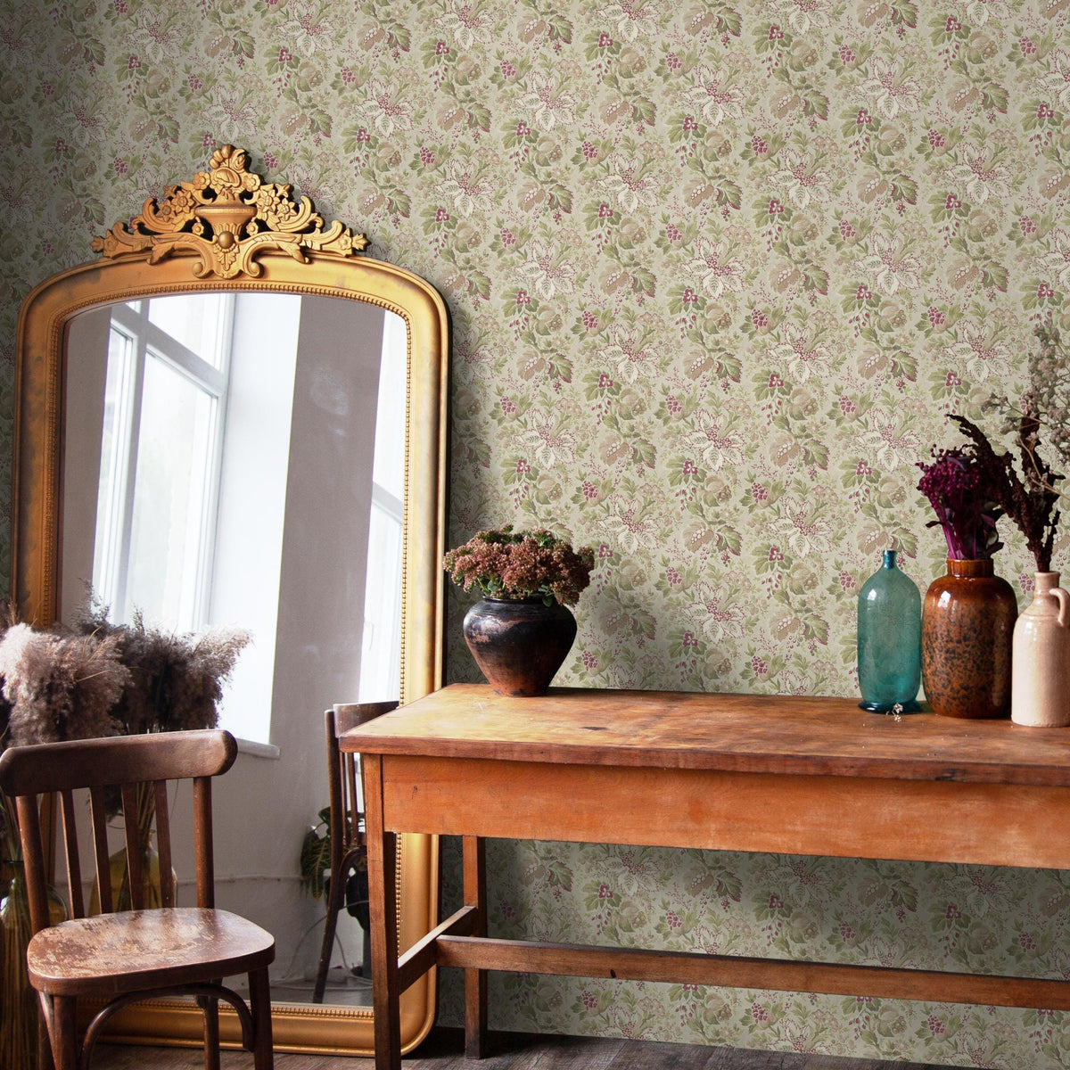 Floral Wallpaper Featuring a Vintage Botanical Print in Green, Pink, and Beige - E134 A