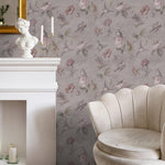 Vintage Wallpaper with Birds and Roses in Taupe and Pink - E136