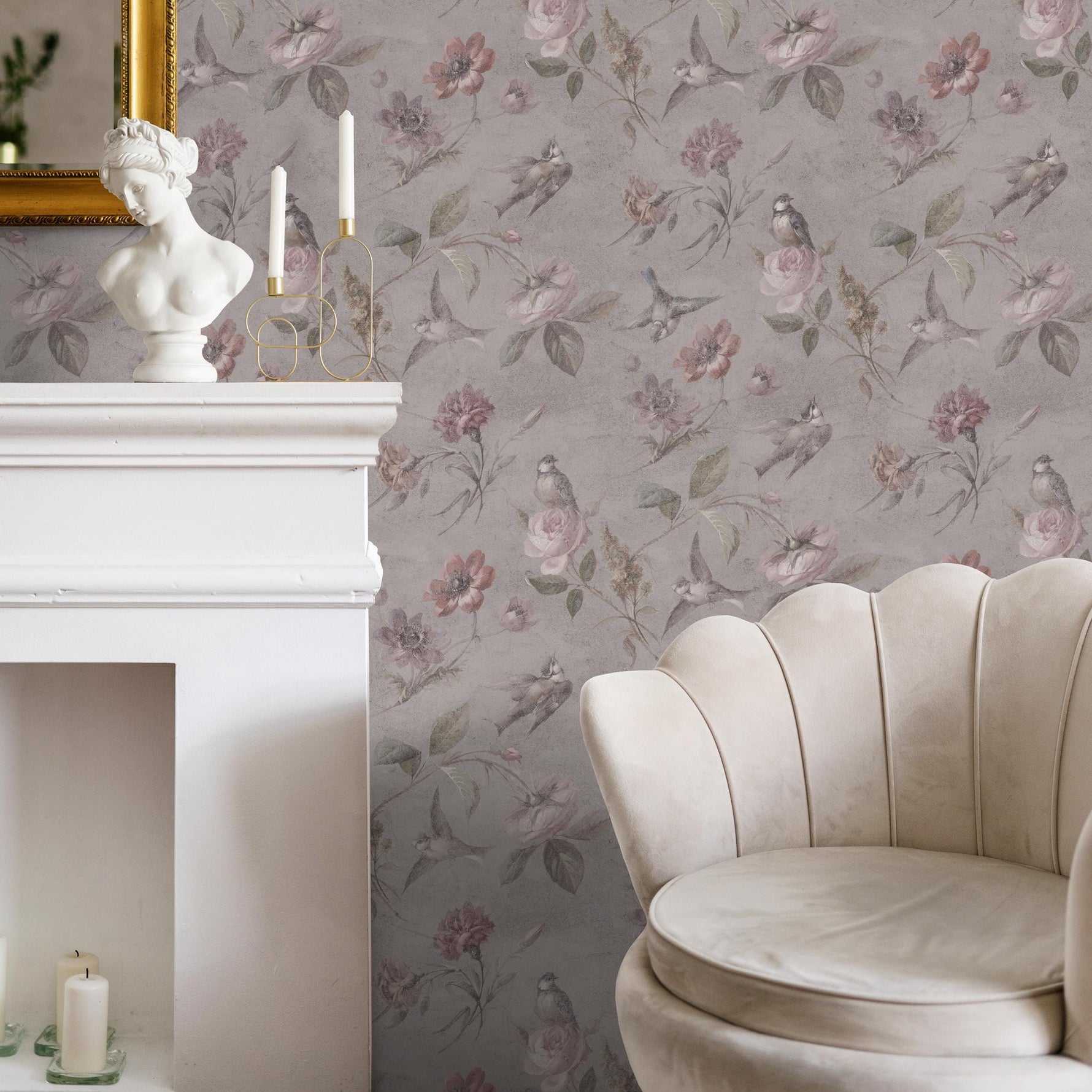 Vintage Wallpaper with Birds and Roses in Taupe and Pink - E136