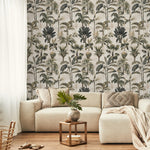 Botanical Wallpaper with Vintage Palm Trees in Green and Gray - E140 A