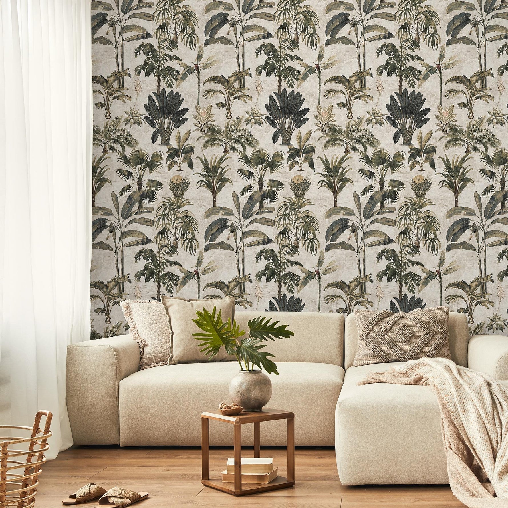 Botanical Wallpaper with Vintage Palm Trees in Green and Gray - E140 A