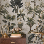 Botanical Wallpaper with Vintage Palm Trees in Green and Gray - E140 A