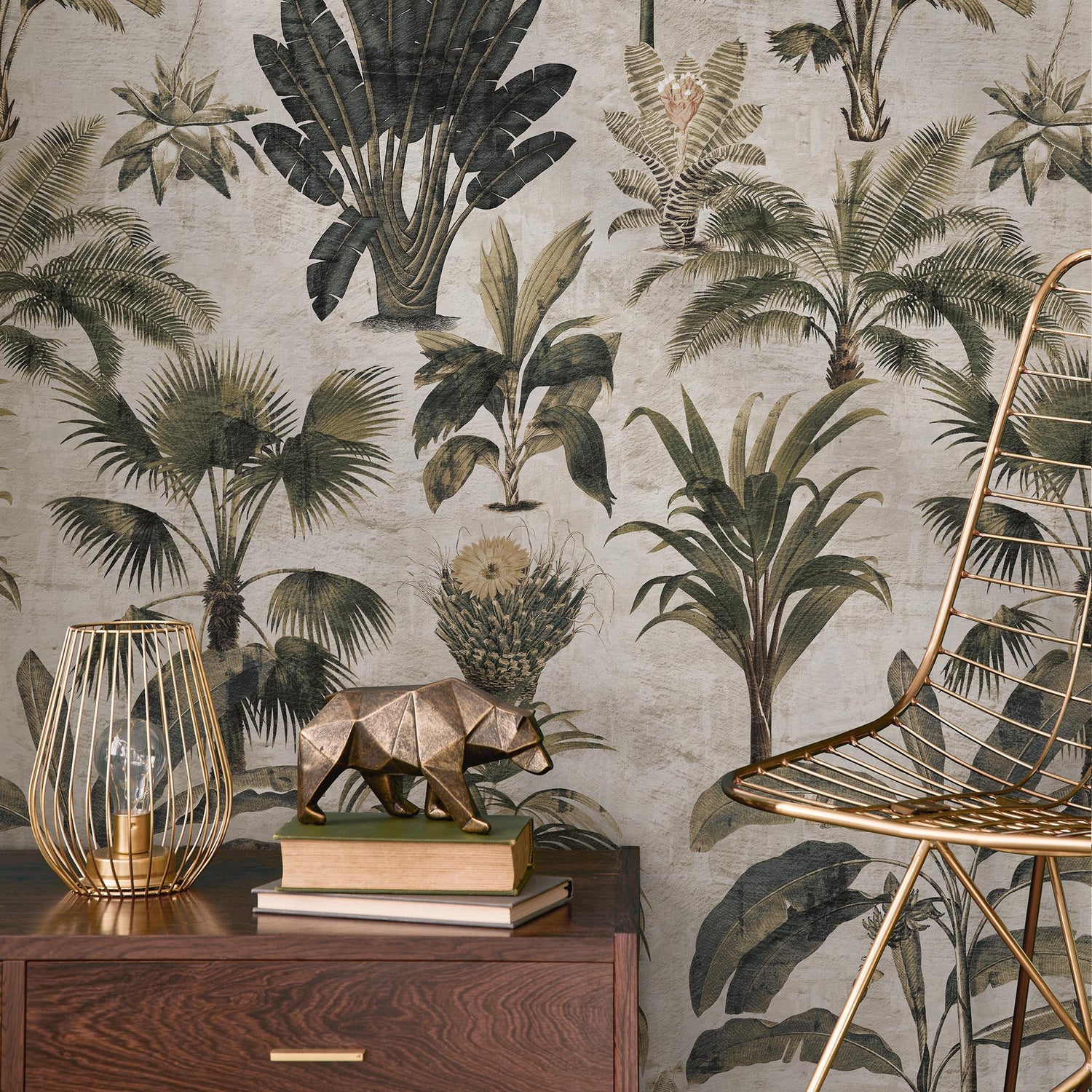 Botanical Wallpaper with Vintage Palm Trees in Green and Gray - E140 A