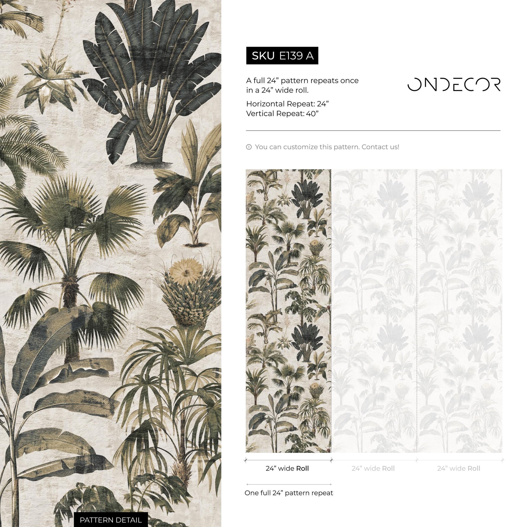 Botanical Wallpaper with Vintage Palm Trees in Green and Gray - E140 A