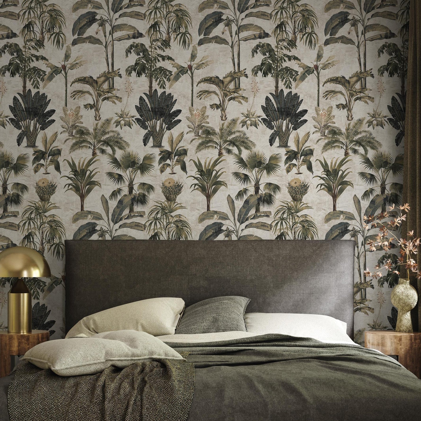 Botanical Wallpaper with Vintage Palm Trees in Green and Gray - E140 A
