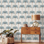 Botanical Wallpaper with Stylized Palm Trees in Blue, Brown, and Beige - E142 A