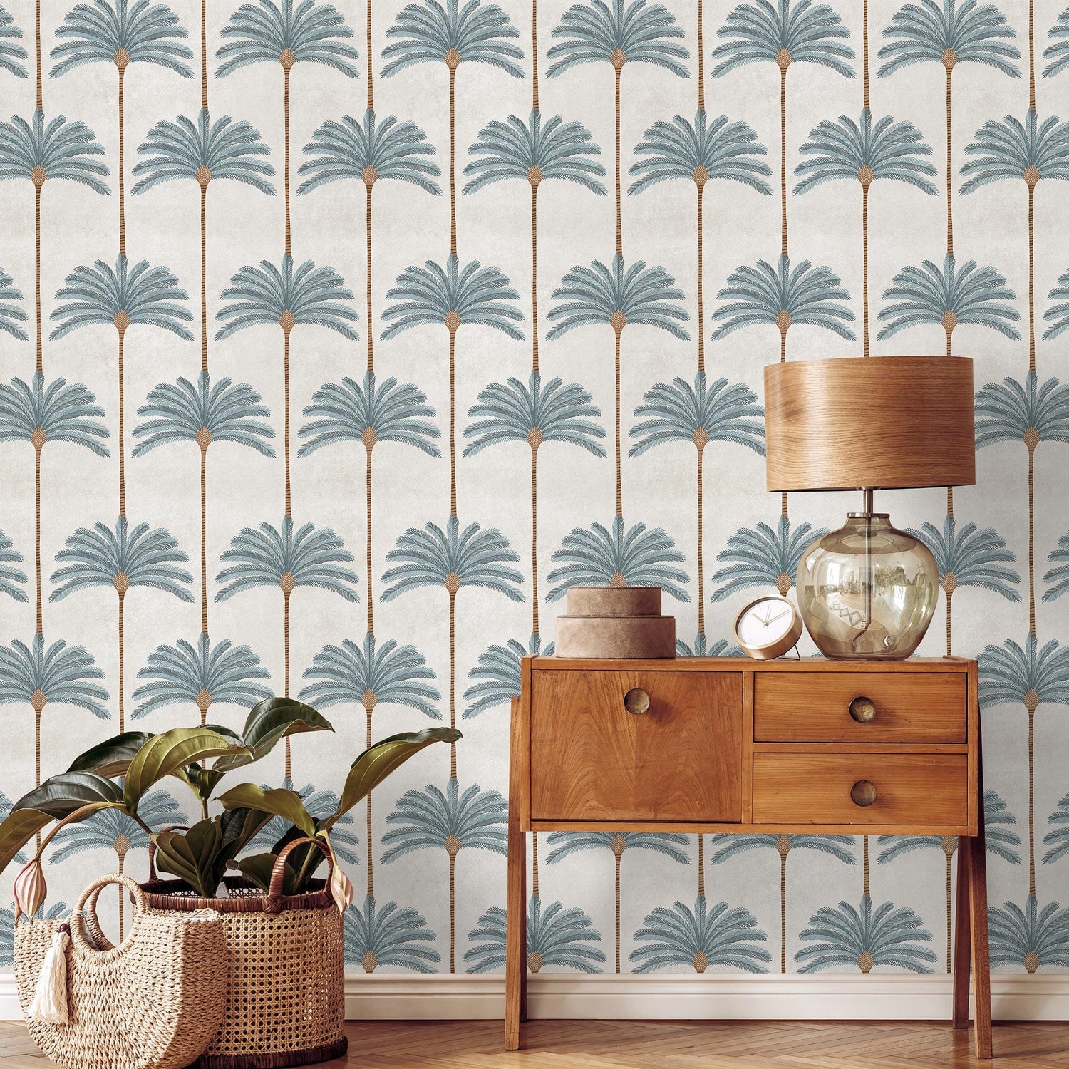 Botanical Wallpaper with Stylized Palm Trees in Blue, Brown, and Beige - E142 A