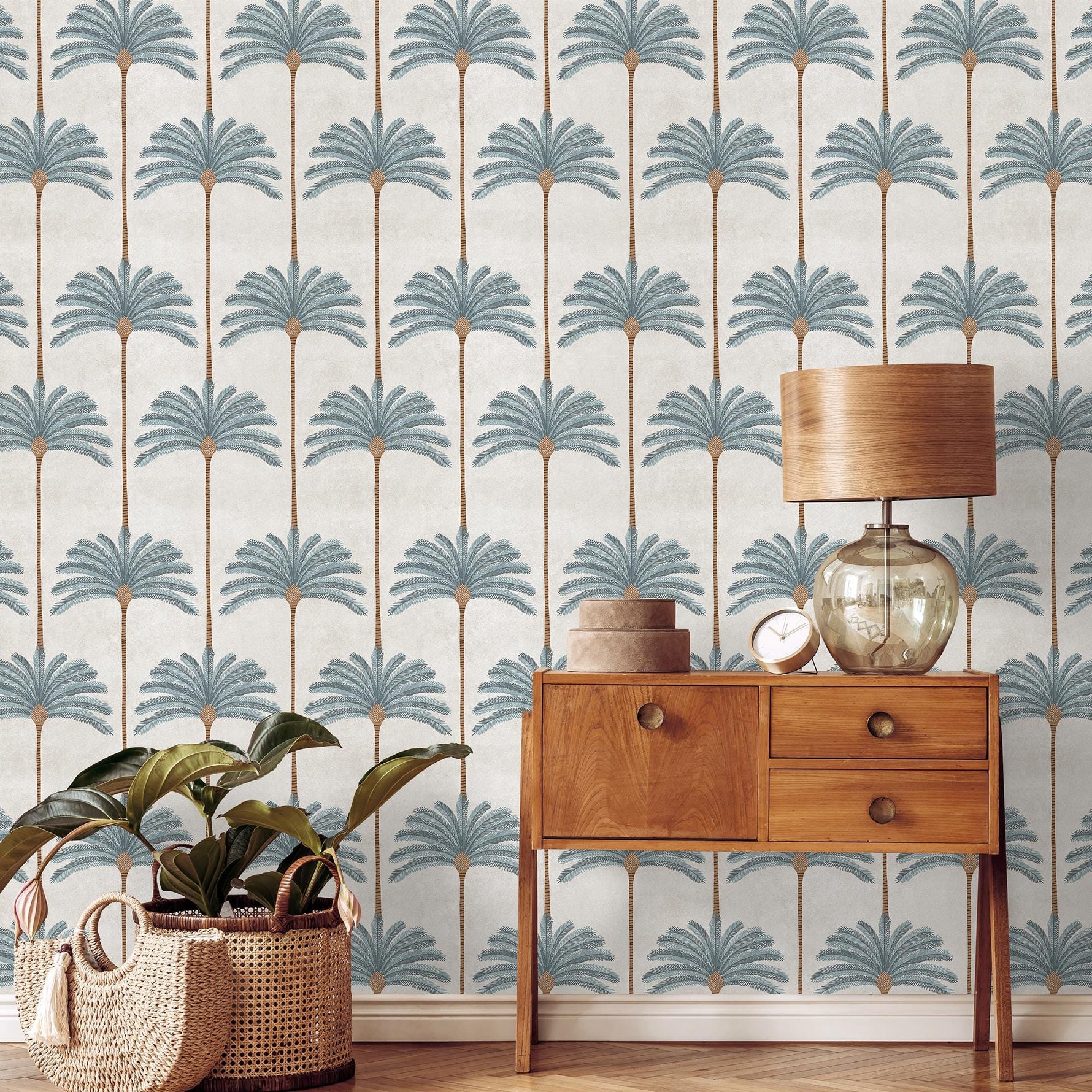 Botanical Wallpaper with Stylized Palm Trees in Blue, Brown, and Beige - E142 A