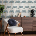 Botanical Wallpaper with Stylized Palm Trees in Blue, Brown, and Beige - E142 A