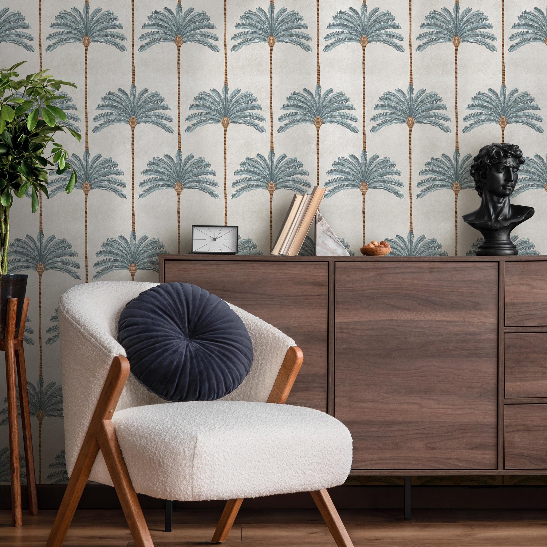 Botanical Wallpaper with Stylized Palm Trees in Blue, Brown, and Beige - E142 A