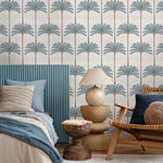 Botanical Wallpaper with Stylized Palm Trees in Blue, Brown, and Beige - E142 A