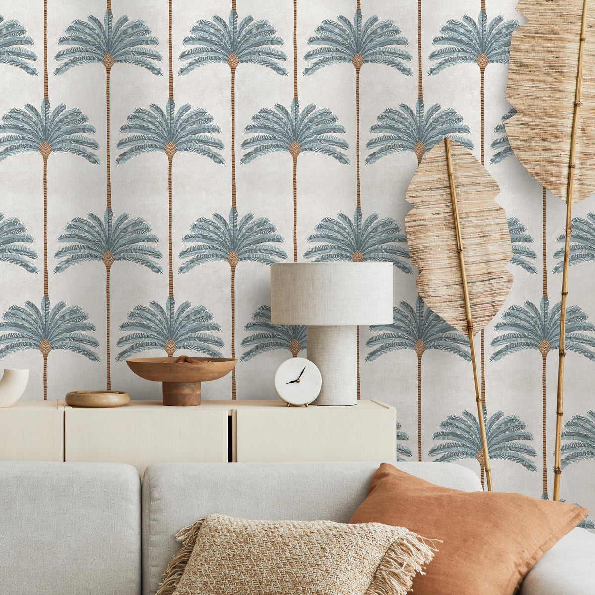 Botanical Wallpaper with Stylized Palm Trees in Blue, Brown, and Beige - E142 A