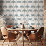 Botanical Wallpaper with Stylized Palm Trees in Blue, Brown, and Beige - E142 A