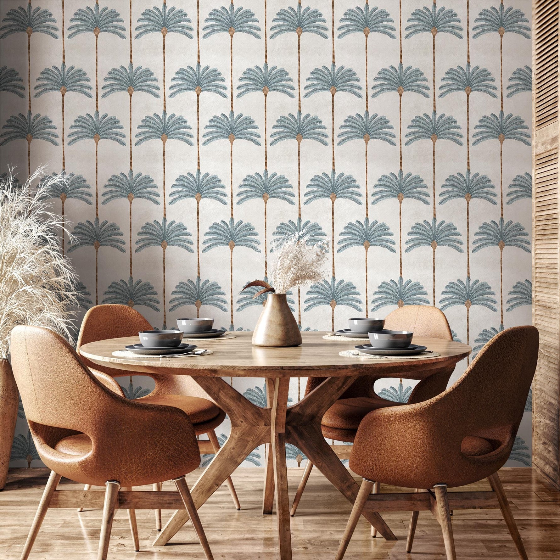 Botanical Wallpaper with Stylized Palm Trees in Blue, Brown, and Beige - E142 A
