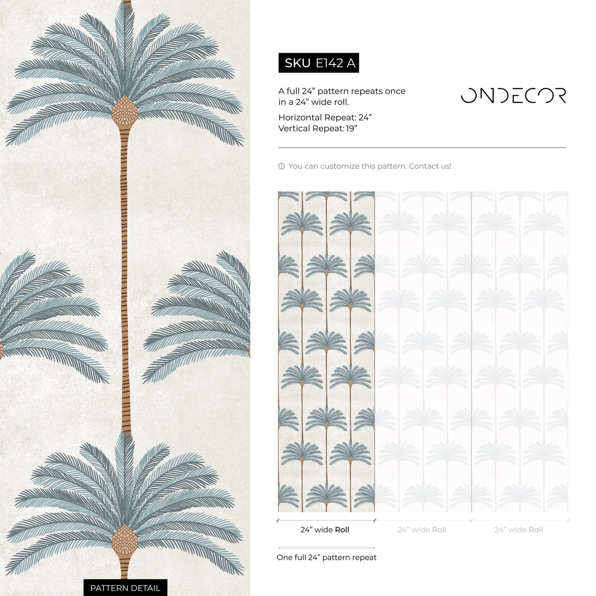 Botanical Wallpaper with Stylized Palm Trees in Blue, Brown, and Beige - E142 A