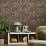 Art Deco Wallpaper Featuring a Wavy Plume Pattern in Black and Beige - E132 B