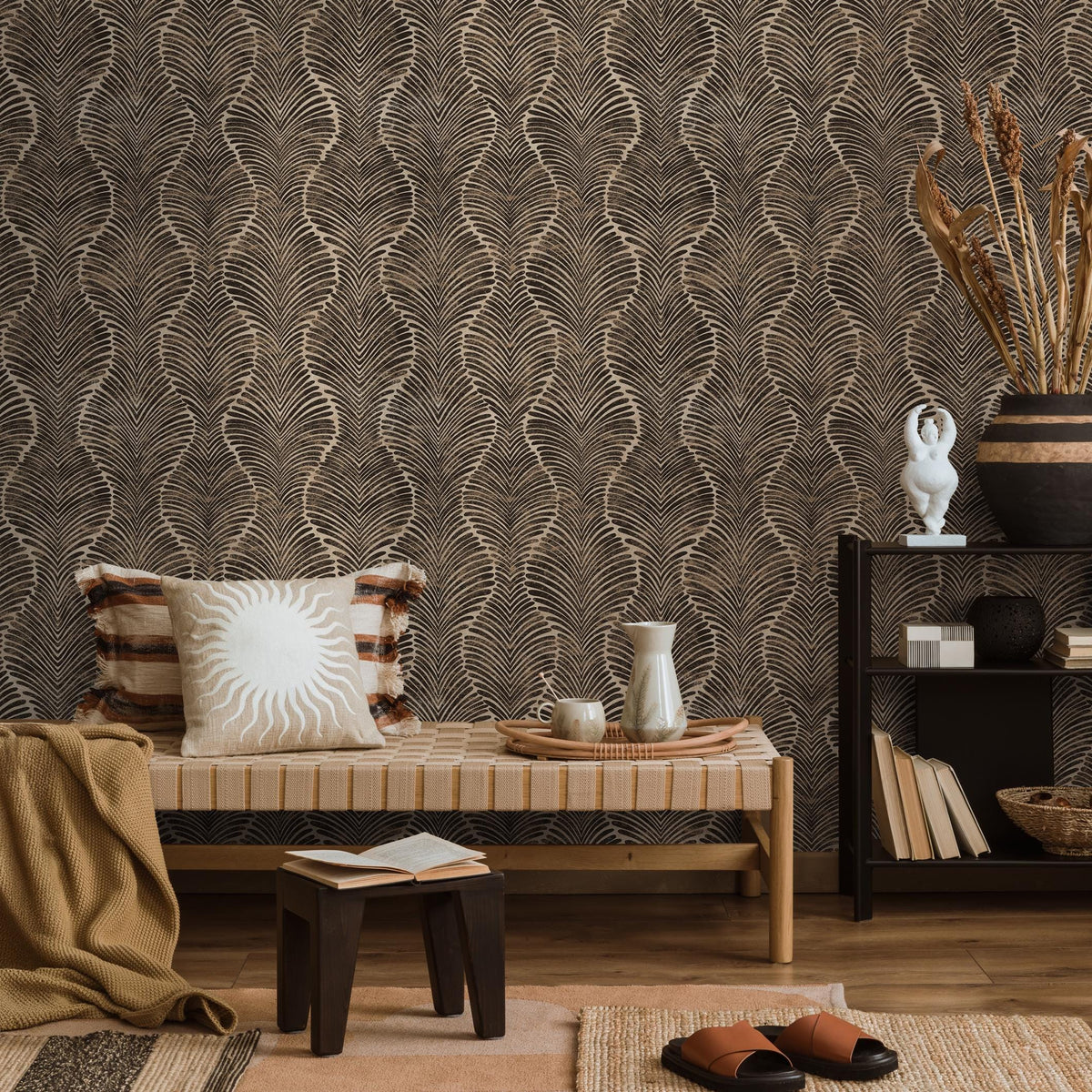 Art Deco Wallpaper Featuring a Wavy Plume Pattern in Black and Beige - E132 B
