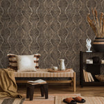 Art Deco Wallpaper Featuring a Wavy Plume Pattern in Black and Beige - E132 B