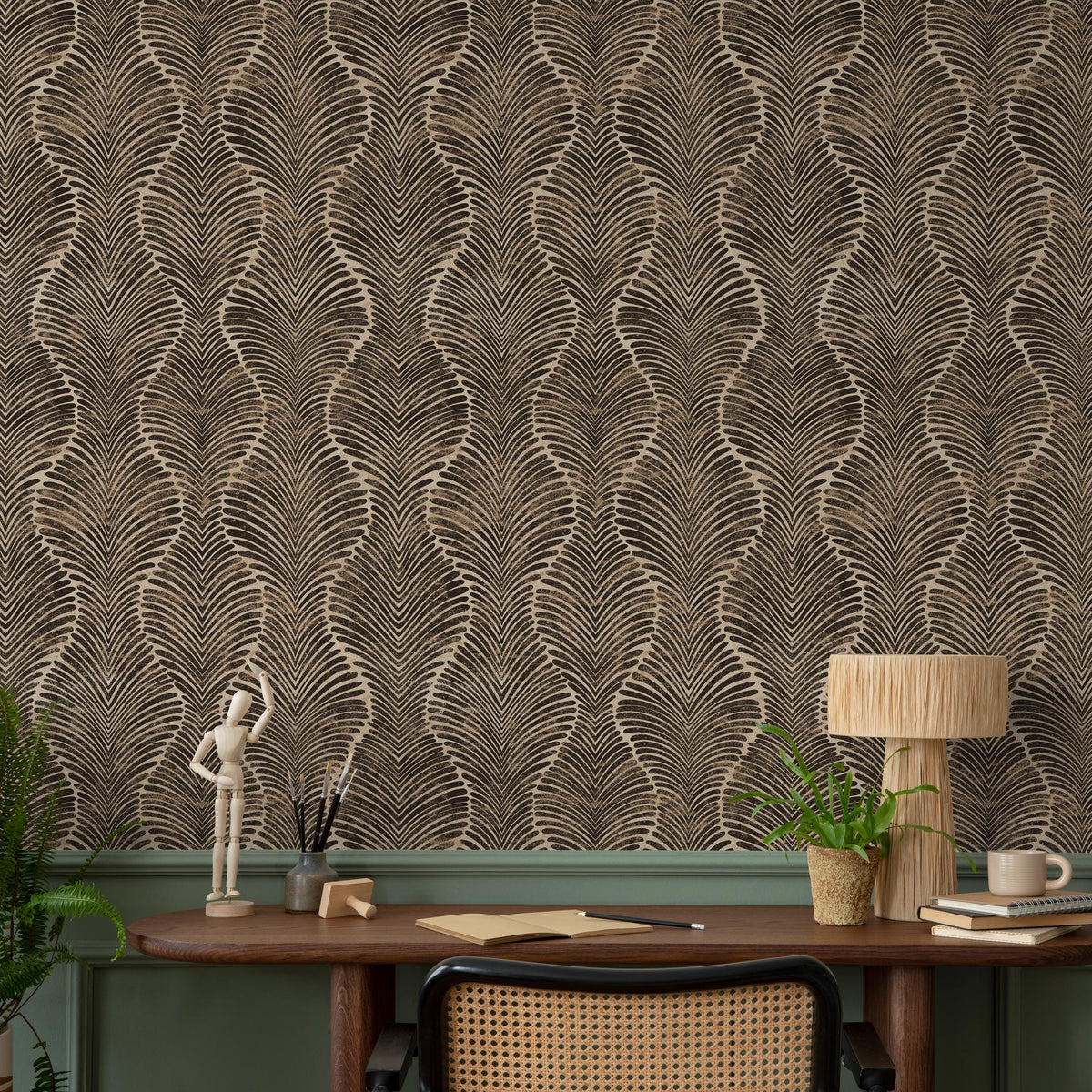 Art Deco Wallpaper Featuring a Wavy Plume Pattern in Black and Beige - E132 B