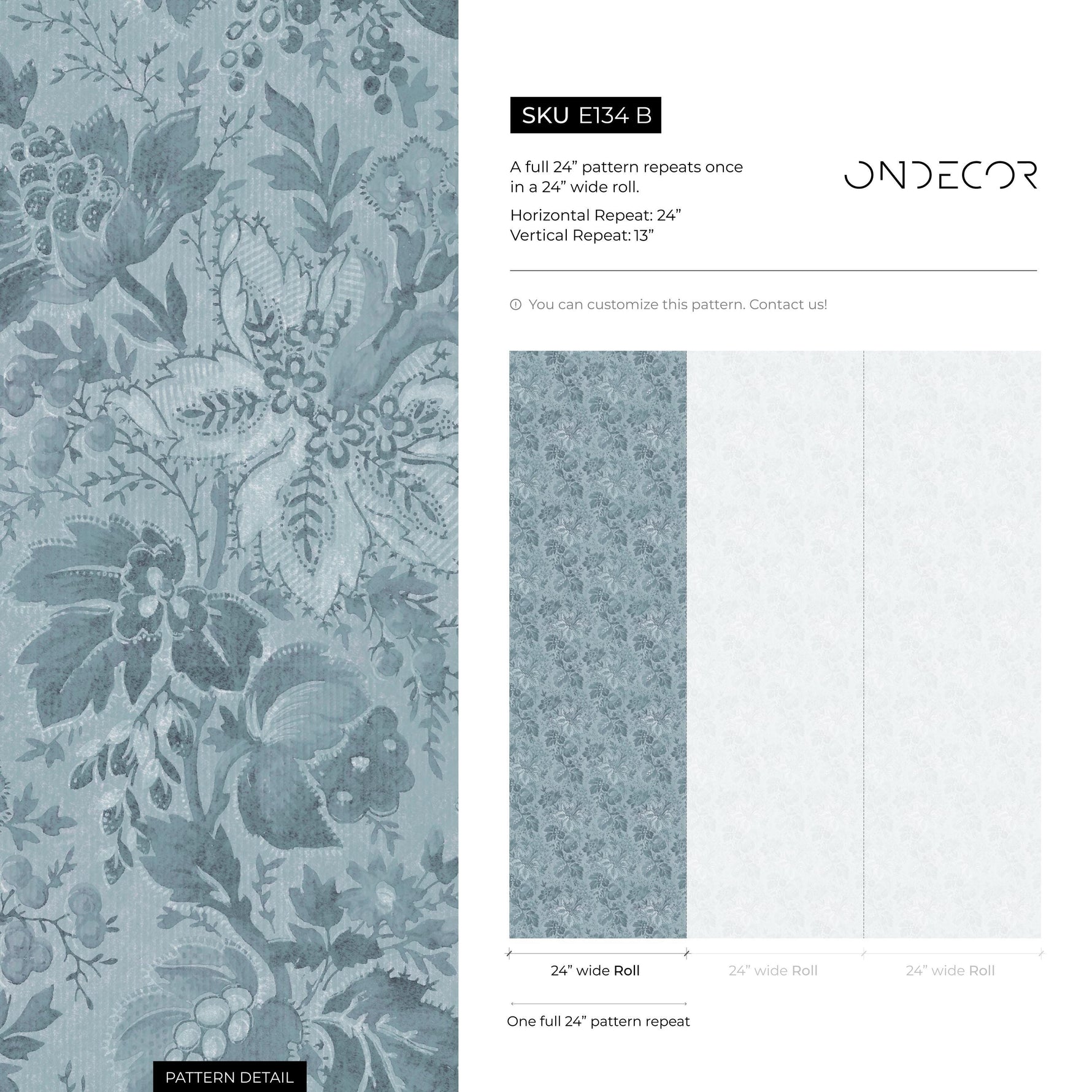 Damask Wallpaper with an Intricate Floral Motif in Blue and Gray - E134 B