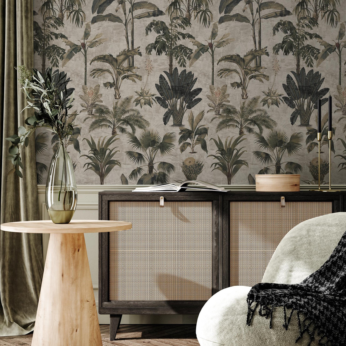 Tropical Wallpaper with a Vintage Palm Tree Motif in Green, Grey, and Beige - E140 B