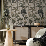 Tropical Wallpaper with a Vintage Palm Tree Motif in Green, Grey, and Beige - E140 B