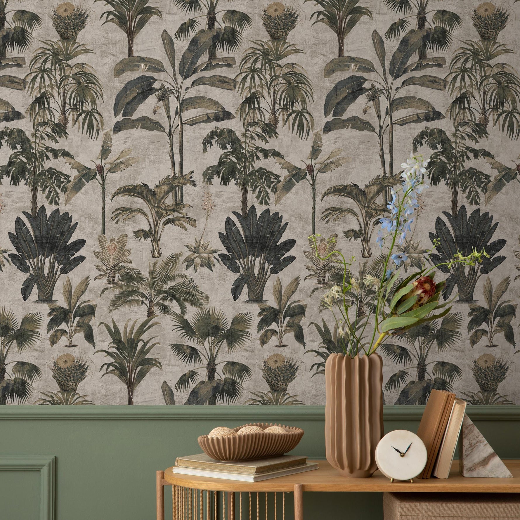 Tropical Wallpaper with a Vintage Palm Tree Motif in Green, Grey, and Beige - E140 B