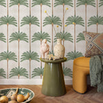 Botanical Wallpaper with a Palm Tree Stripe Pattern in Green and Brown - E142 B