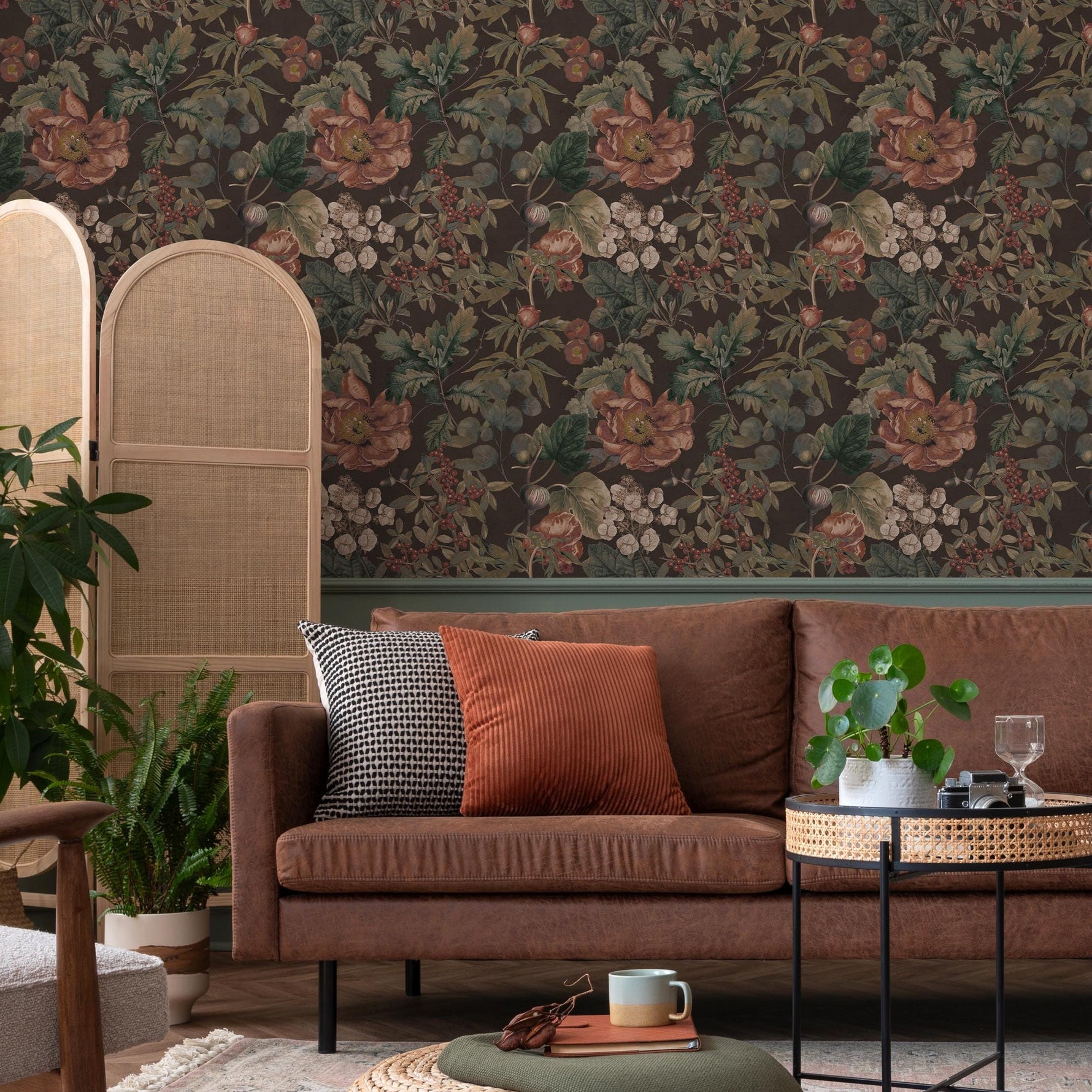 Botanical Wallpaper with Vintage Flowers and Berries in Brown, Green, and Red - E280