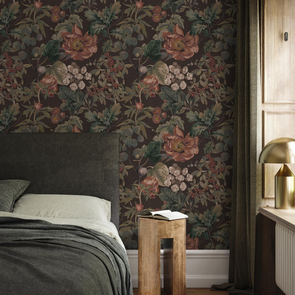 Botanical Wallpaper with Vintage Flowers and Berries in Brown, Green, and Red - E280