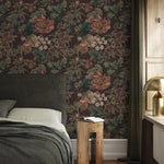 Botanical Wallpaper with Vintage Flowers and Berries in Brown, Green, and Red - E280