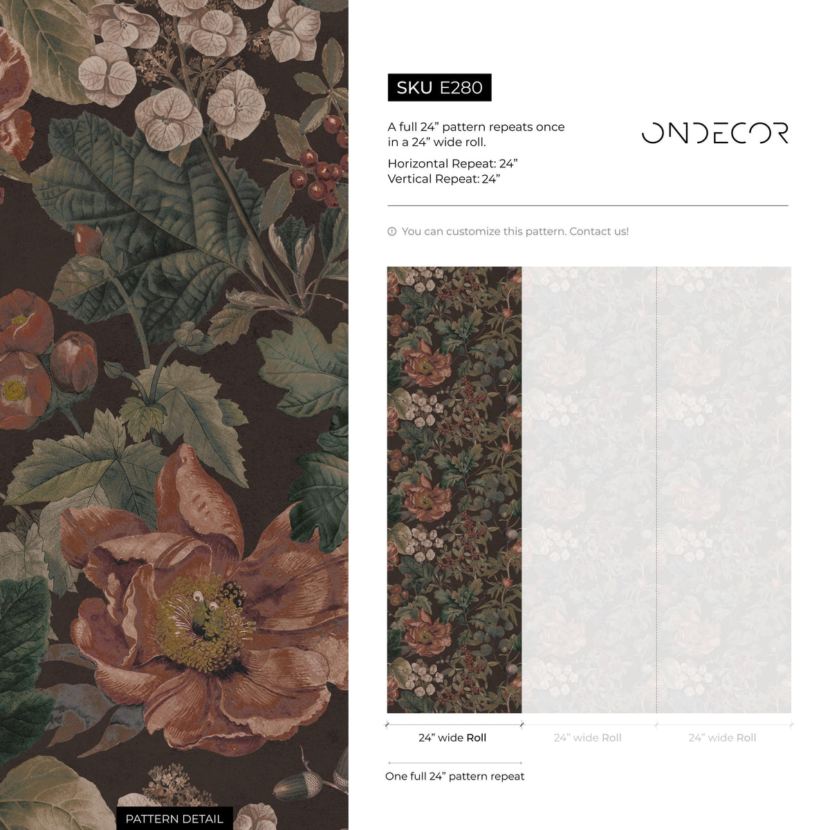 Botanical Wallpaper with Vintage Flowers and Berries in Brown, Green, and Red - E280