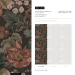 Botanical Wallpaper with Vintage Flowers and Berries in Brown, Green, and Red - E280