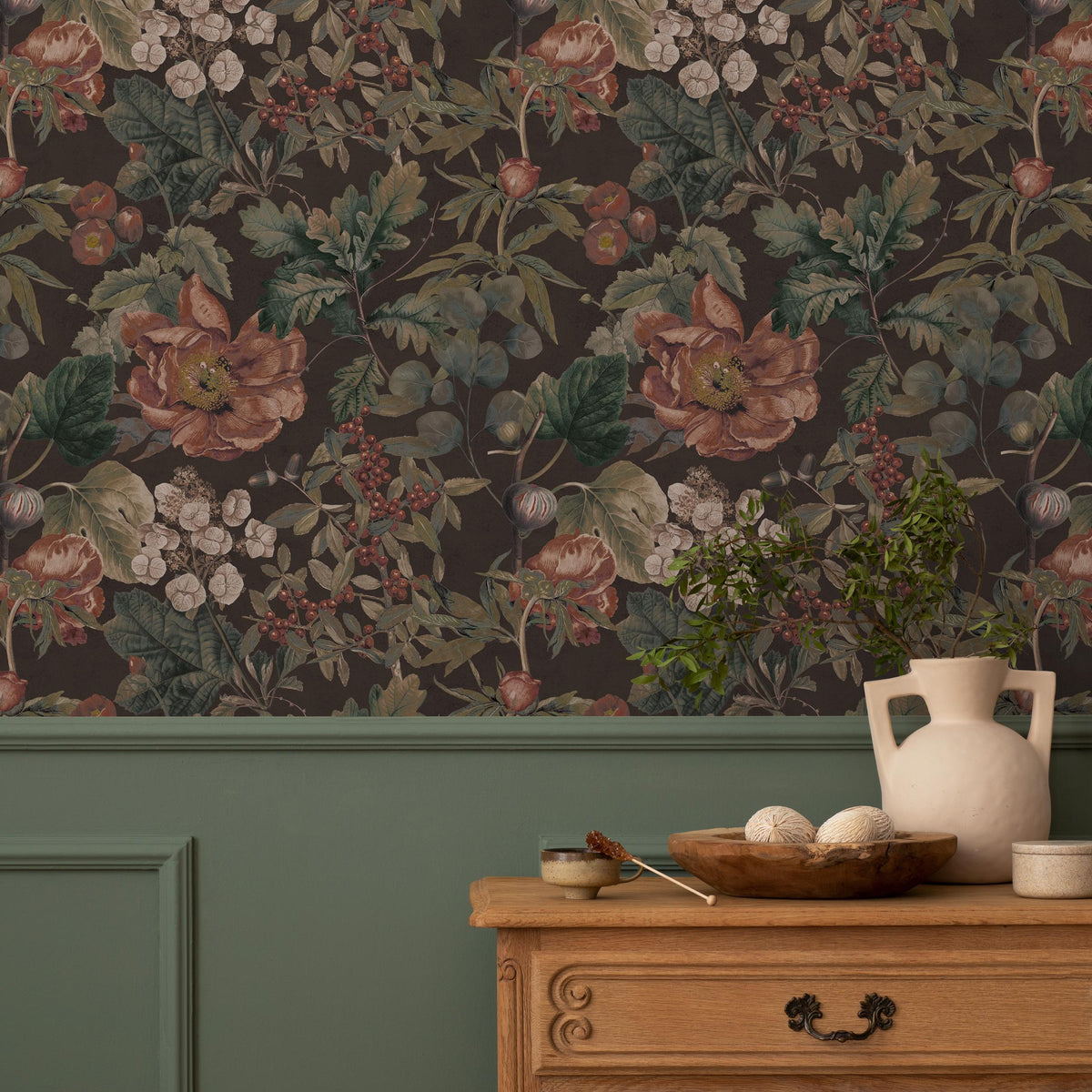 Botanical Wallpaper with Vintage Flowers and Berries in Brown, Green, and Red - E280