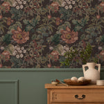 Botanical Wallpaper with Vintage Flowers and Berries in Brown, Green, and Red - E280