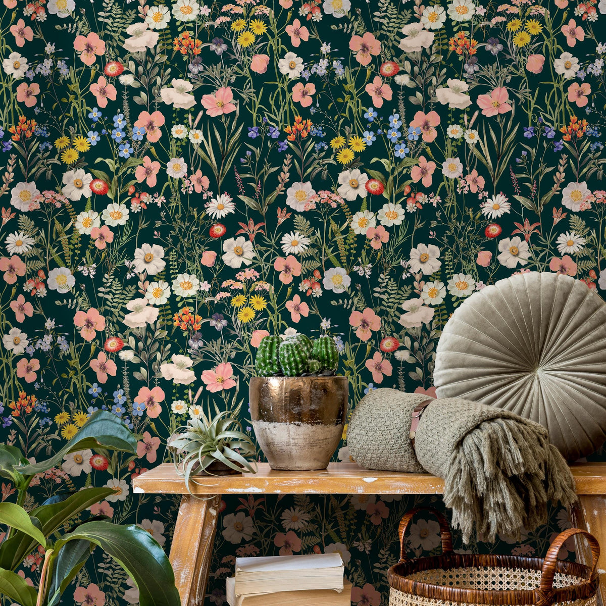 Floral Wallpaper with a Wildflower Meadow in Dark Green, Pink, and Yellow - E284