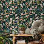 Floral Wallpaper with a Wildflower Meadow in Dark Green, Pink, and Yellow - E284