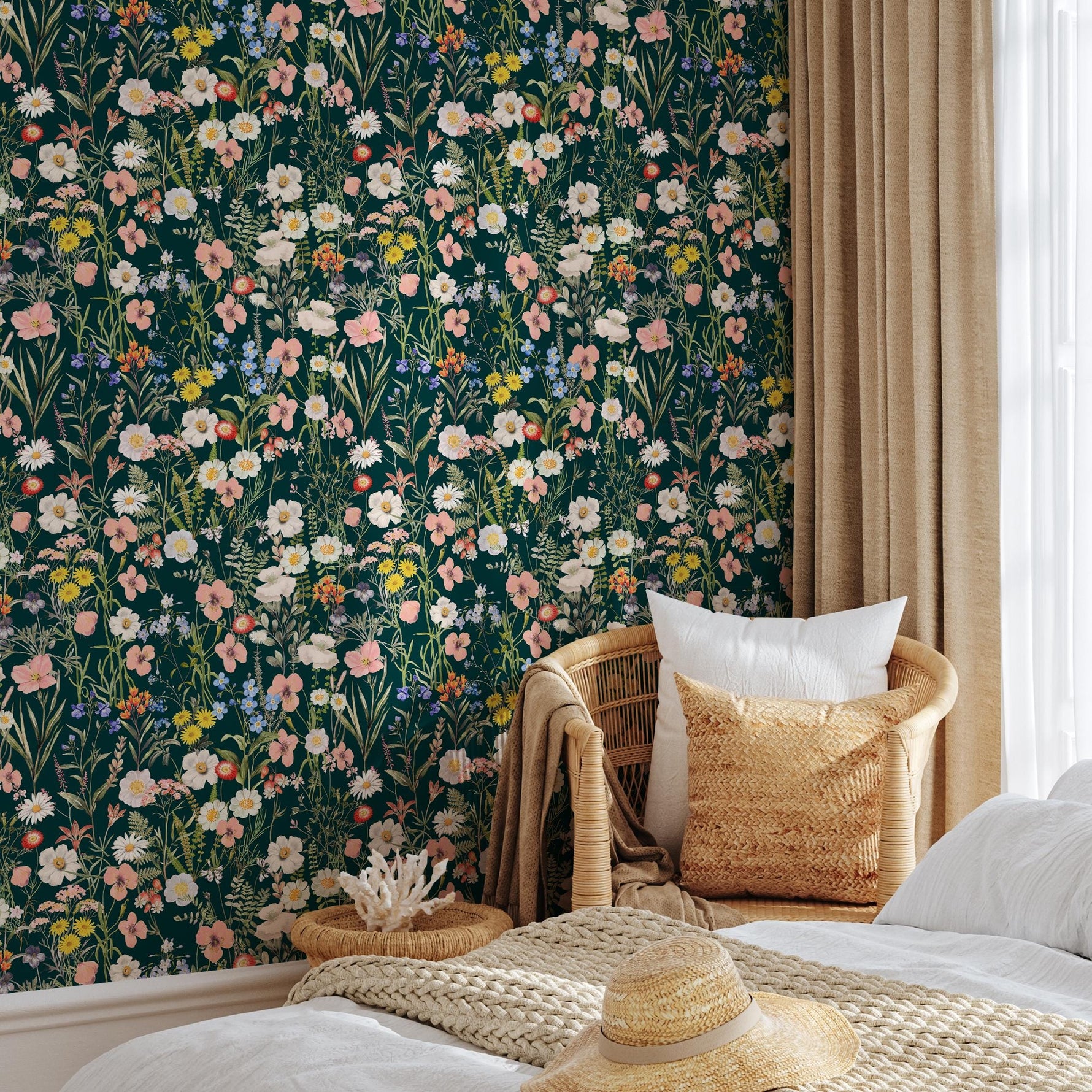 Floral Wallpaper with a Wildflower Meadow in Dark Green, Pink, and Yellow - E284