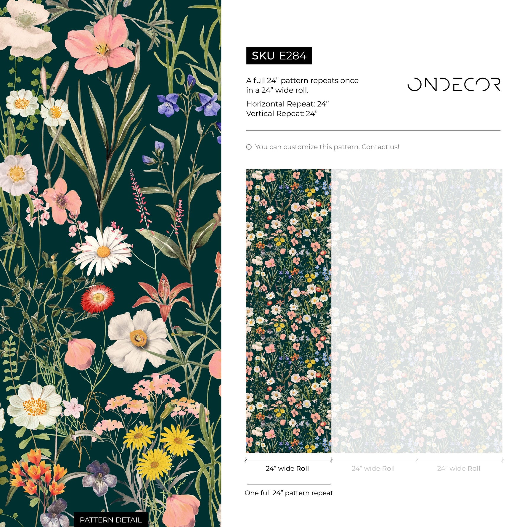 Floral Wallpaper with a Wildflower Meadow in Dark Green, Pink, and Yellow - E284