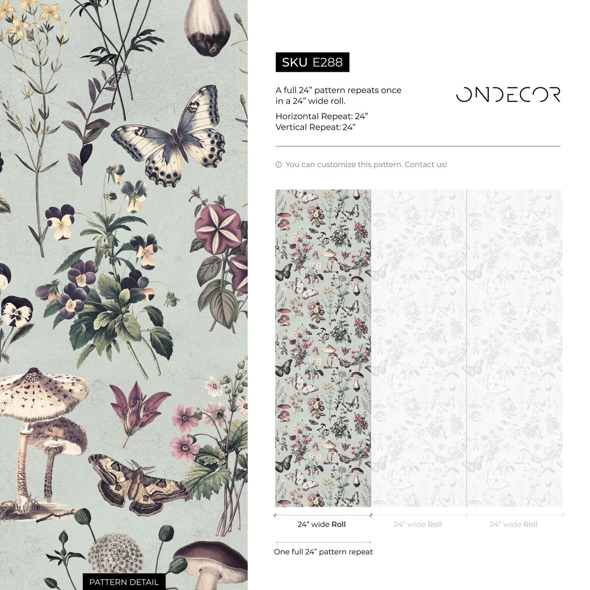 Botanical Wallpaper with Butterflies and Mushrooms in Sage Green and Purple - E288